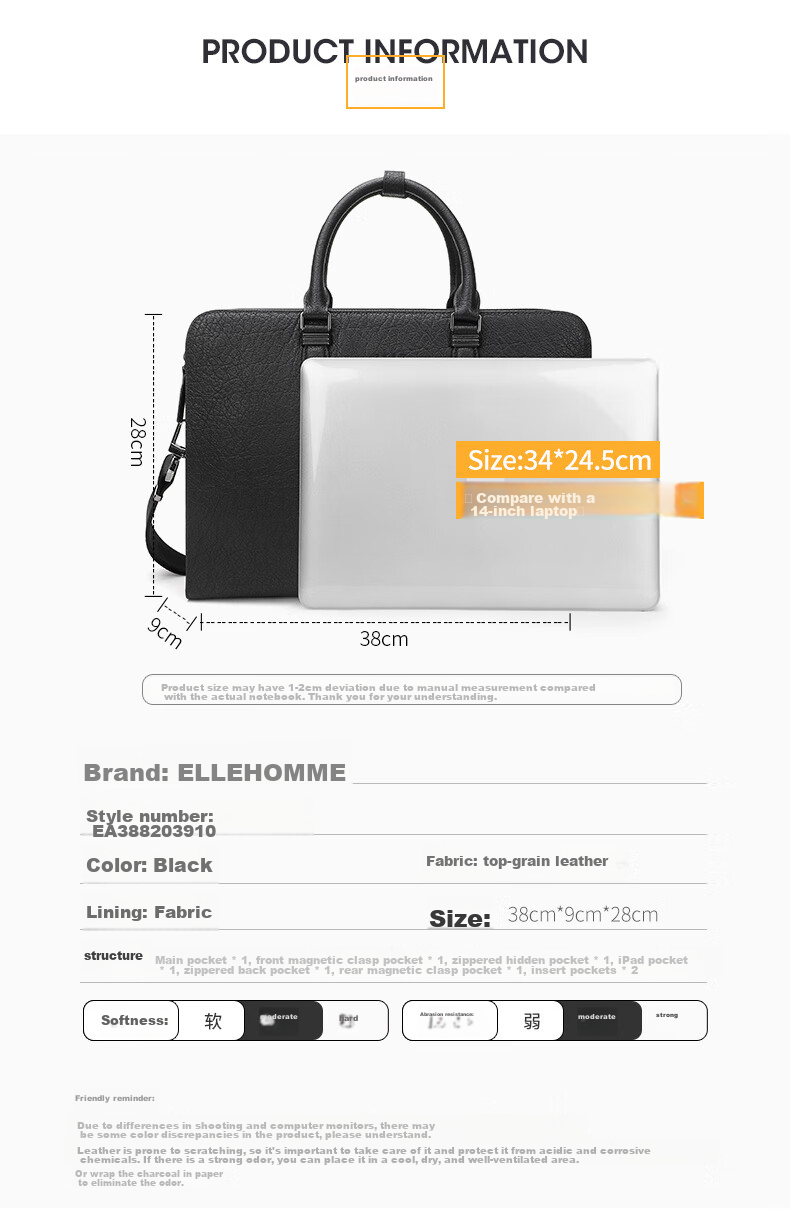 ELLE HOMME Men's Business Briefcase, Light Luxury Top-Grain Leather Handbag, Crossbody Laptop Bag for Men, 03910 Black 5