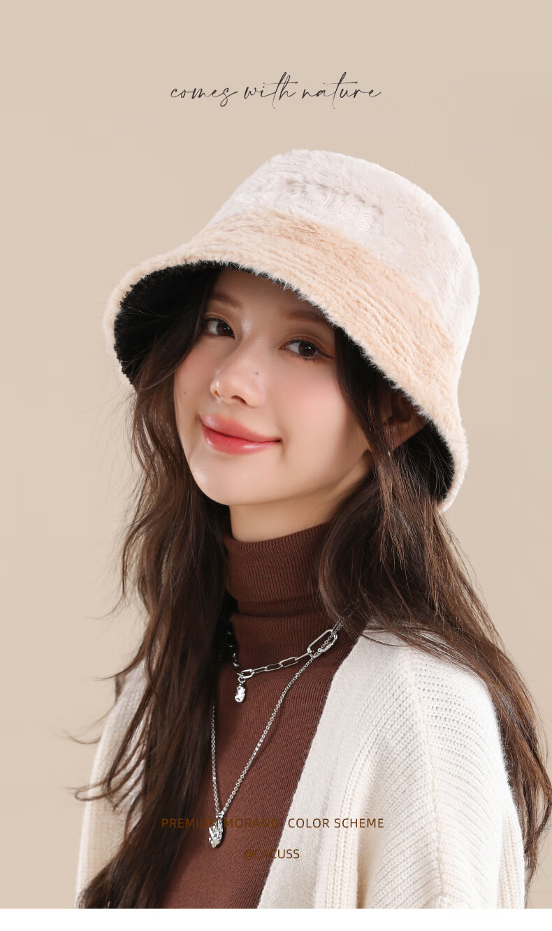 CACUSS Women's Winter Warm Fisherman Hat, Large Head Circumference, Face-Slimming Bucket Hat, Retro Plaid Teddy Fleece Hat, Coffee Color 2