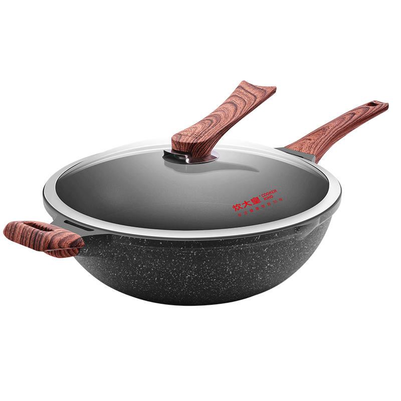 COOKER KING Wok, Oil-Gathering Flat Bottom Non-Stick Pan, Easy to Clean, Smokeless Cooking Pot, Frying Pan, 34cm, Compatible with Induction Cooker, B50182