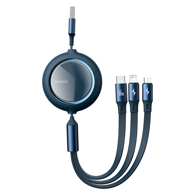 Baseus Data Cable Three-In Charging Cable 6A Fast Charging 66W Retractable One-To Type-C Compatible with Apple 14/13, Xiaomi, Huawei Mate70, Xiaomi Phones, Car Charger Blue