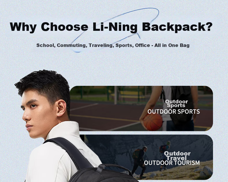 Li-Ning Backpack, High School Student Backpack, Unisex Shoulder Bag, Middle School Laptop Bag, Outdoor Travel Bag, Large Capacity Hiking Backpack, Black 6