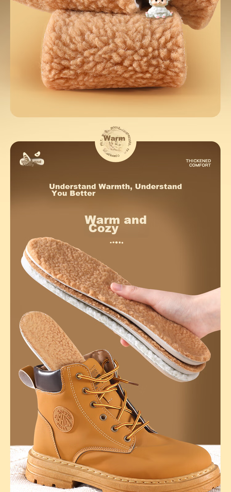 3AnGnI Latex Warm Insoles for Men And Women, Winter Thick Cotton Insoles, High Elasticity Ultra Soft Shock-Absorbing, Brown, Size 35-36 5