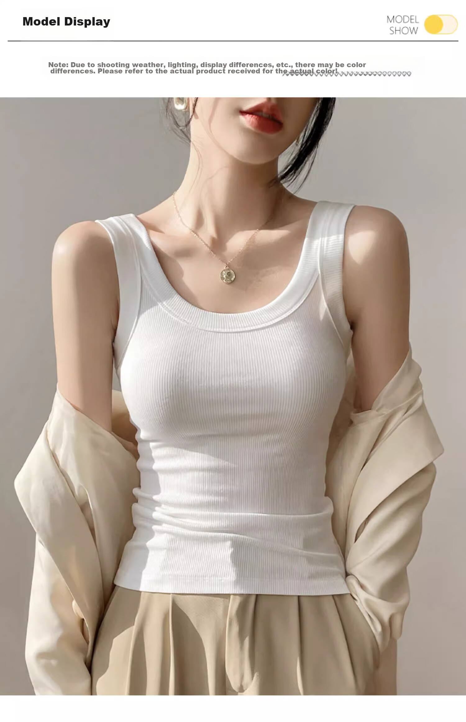 NOME Women's Camisole Tank Top, Spring And Summer Inner Or Outer Wear, Ribbed Elastic Sleeveless Vest, White [Round Neck], L 15