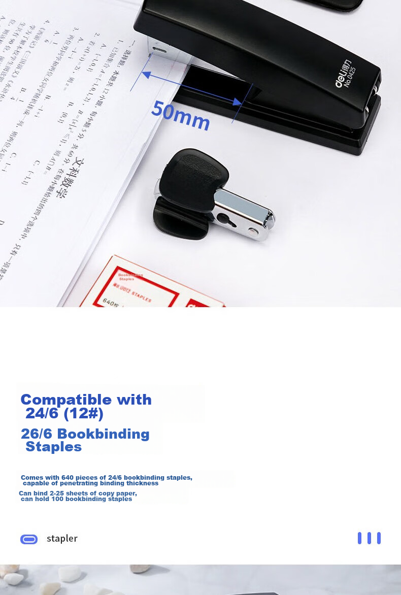 Deli Small Stapler Set, Office Supplies, Stationery for Students, with Staples And Staple Remover, Medium-Sized Large Stapler, Compact Office Use, 0354 Honor Black 11