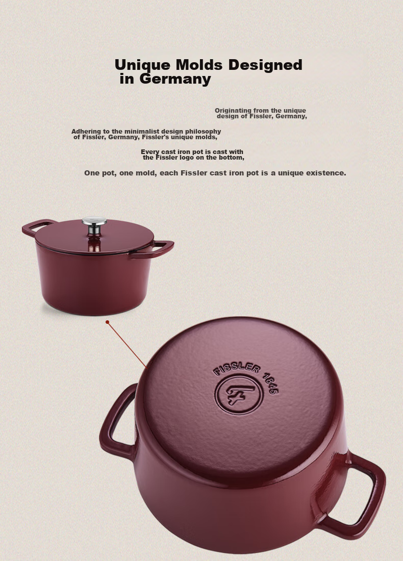 Feishile German Moments Cast Iron Pot, Stew Pot, Small Soup Pot for Home Use, 20 Cm Cast Iron Pot - Burgundy Red 6
