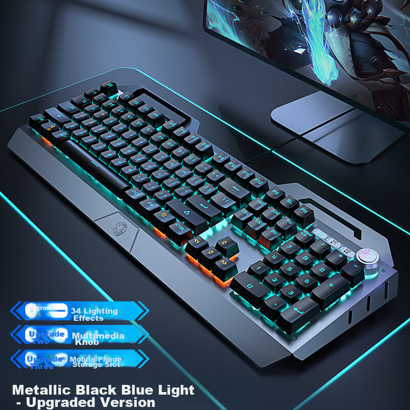 EWEADN TK900 Mechanical Feel Keyboard, 108 Keys, Gaming Wired Desktop Computer Laptop Office External Multi-Functional Knob Black Switch Mixed Light Peripherals