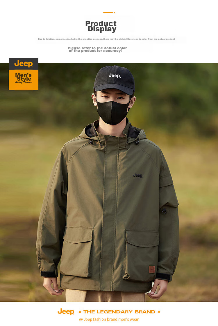 JEEP Men's Jacket, Spring And Autumn Workwear, Loose Casual Windbreaker for Couples, Black, Size M 14
