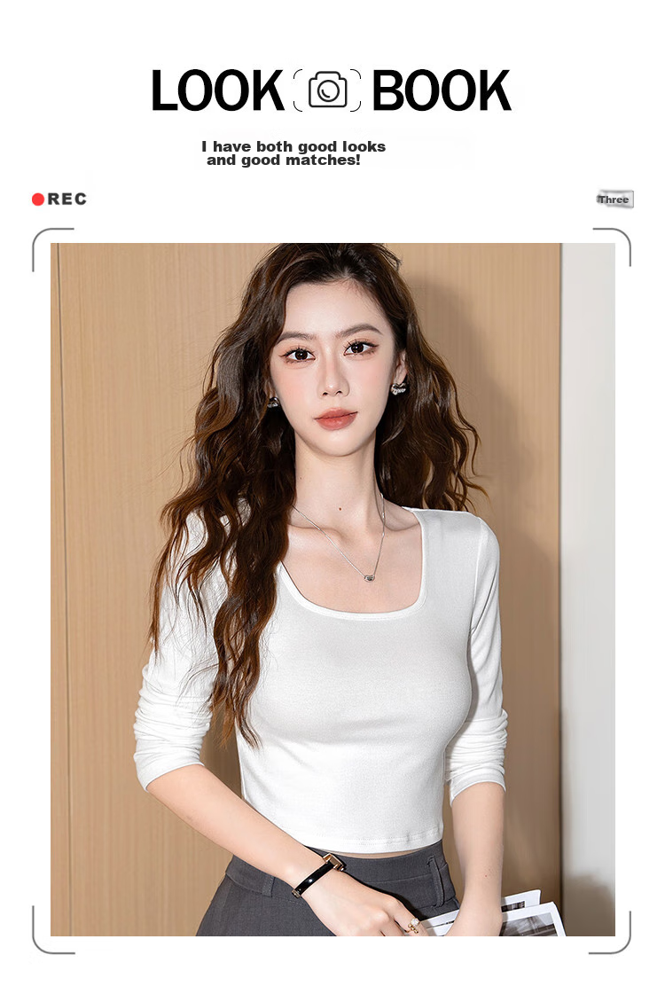 NOME Straight Shoulder Square Neck T-Shirt for Women, Inner Layer Undershirt, Spring Autumn Summer Tight-Fitting Hot Girl Long Sleeve Short Top, Black, Size S 7