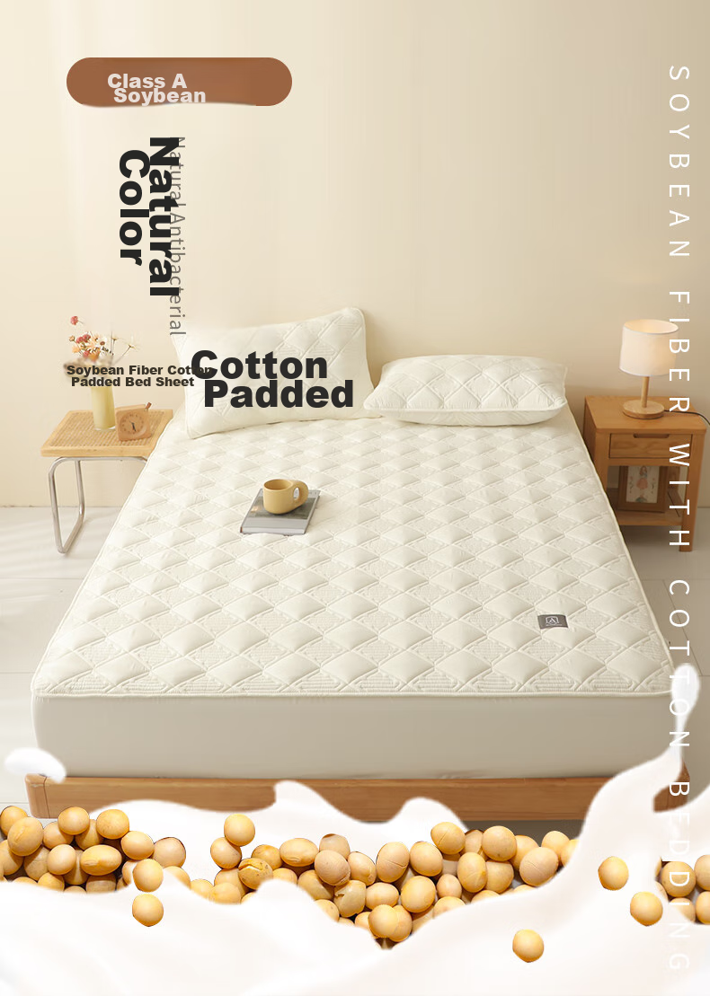 Grace Class A Antibacterial Soybean Cotton Quilted Fitted Sheet, Washable, Thickened Mattress Protector, White, 1.8m 1