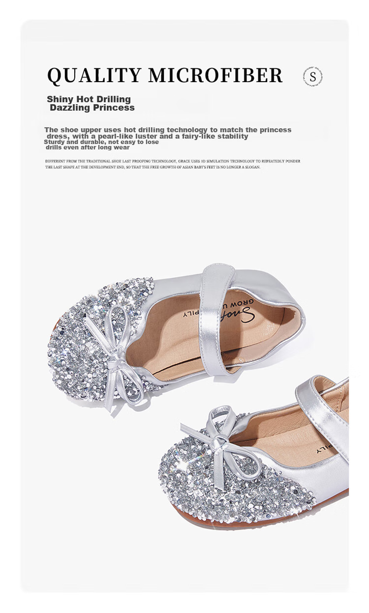 Snoffy Girls' Leather Shoes, Spring Children's Crystal Shoes, Shiny Diamond Princess Shoes, Comfortable Soft-Soled Flats for Little Girls, Moonlight Silver, Size 28 26