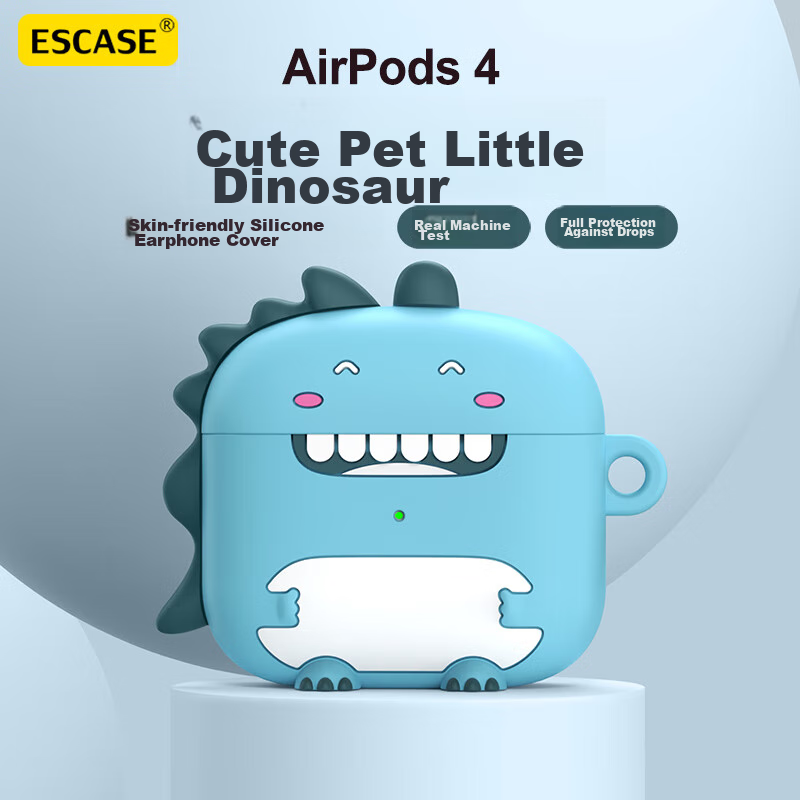 ESCASE AirPods 4 Case, Apple AirPods Fourth Generation Protective Cover 2024, Noise-Cancelling Wireless Bluetooth Earphone Case, Silicone Non-Stick Dust-Proof Trendy Cartoon Dinosaur Design, Blue Color