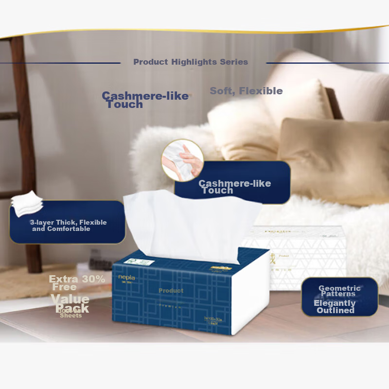 Nepia Premium Series Facial Tissues, 3-Ply, 130 Sheets * 3 Packs, Velvet-Like Texture, High-Quality Soft Tissues, Napkins