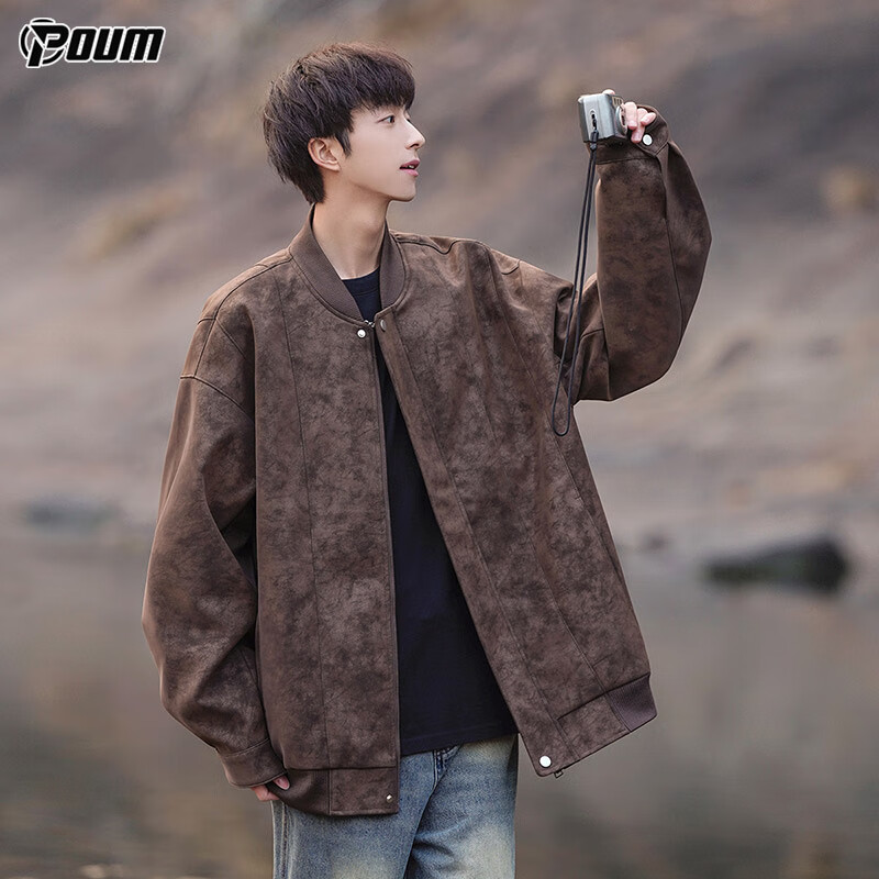 POUM American-Style Trendy Leather Jacket for Men, Spring And Autumn Vintage Cool Casual Workwear Jacket 6211 Brown XL