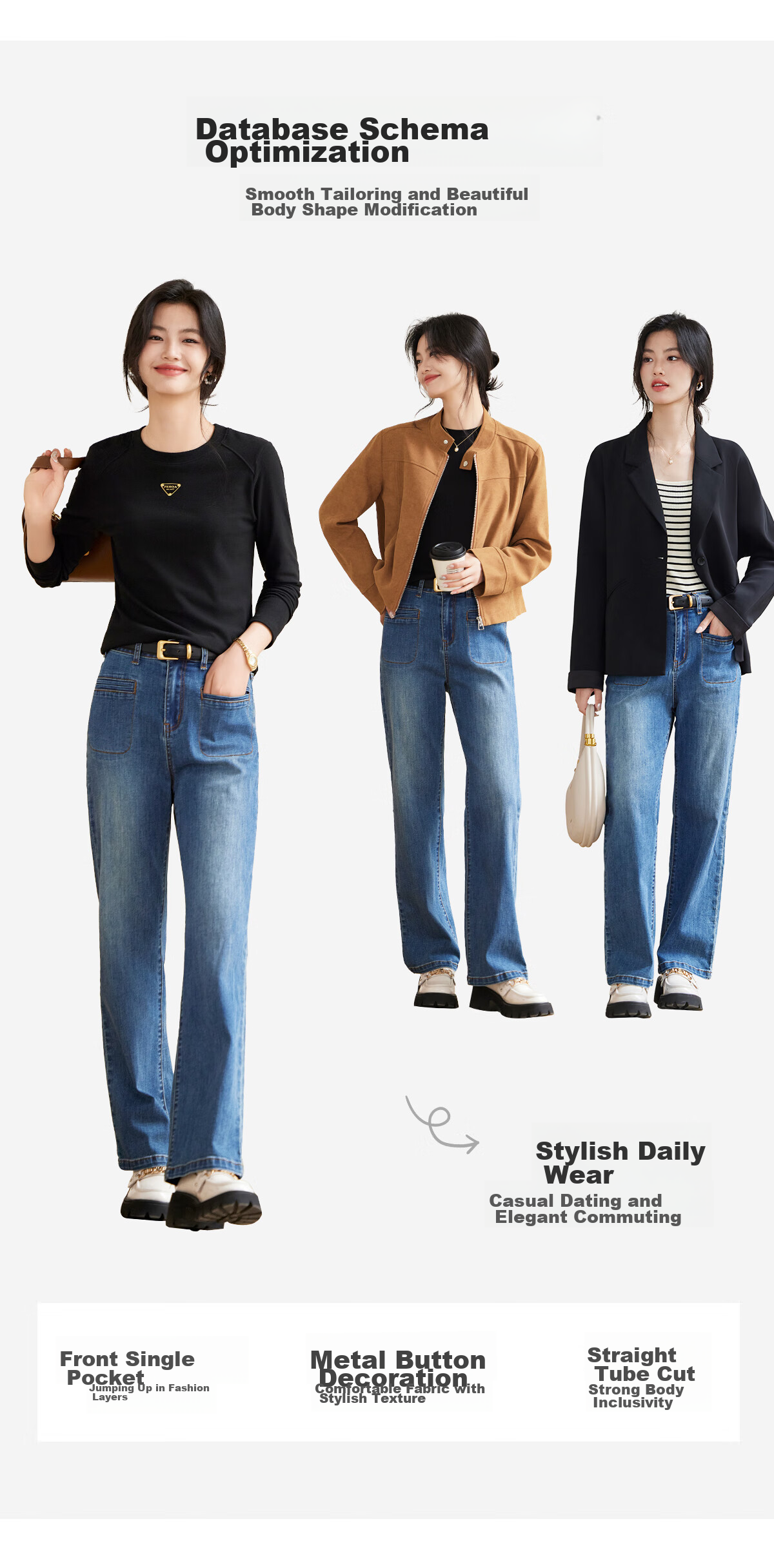 Taxiang High-Waisted Jeans for Women with Pockets, Wide-Leg Pants, Versatile Straight-Leg Trousers, Fashionable Women's Pants, Long Pants T143N1016 6