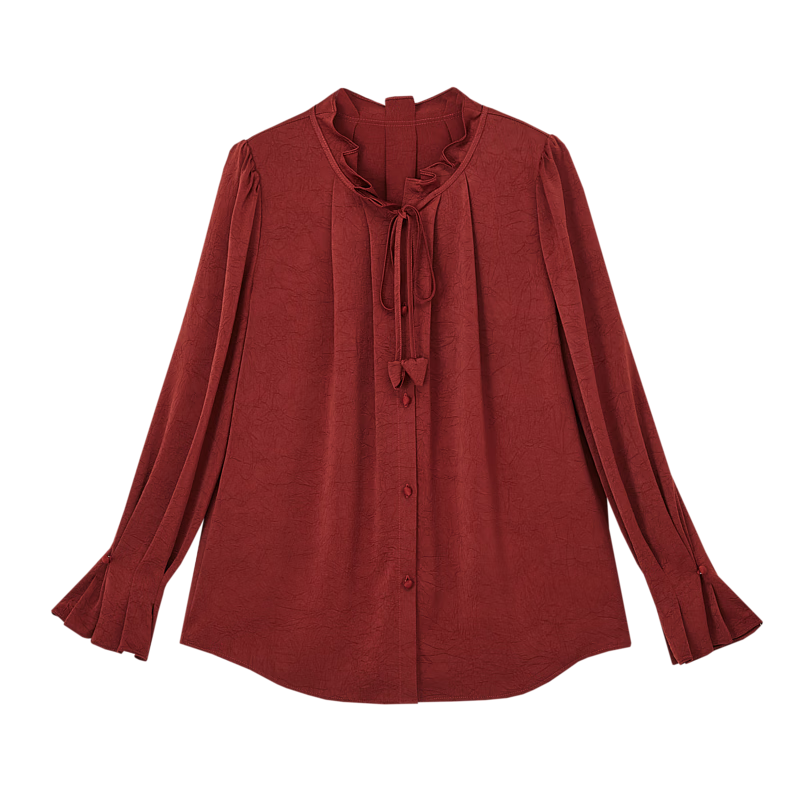 Dme [Ankeala Hong] Elegant Office Blouse for Spring And Autumn, Wrinkled Shiny Ruffle Puff Sleeve Shirt Women's Top