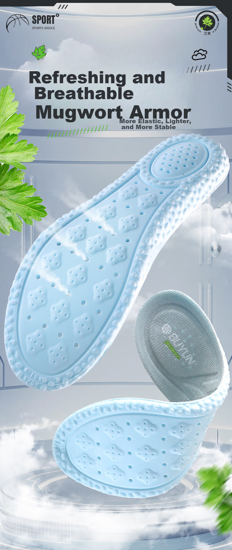 Buyun [4 Pairs] Insoles for Men, Sweat-Absorbing, Odor-Eliminating, Breathable, Soft And Elastic, Essential for Sports And Military Training, Anti-Pain Insoles, Gray And Blue 2