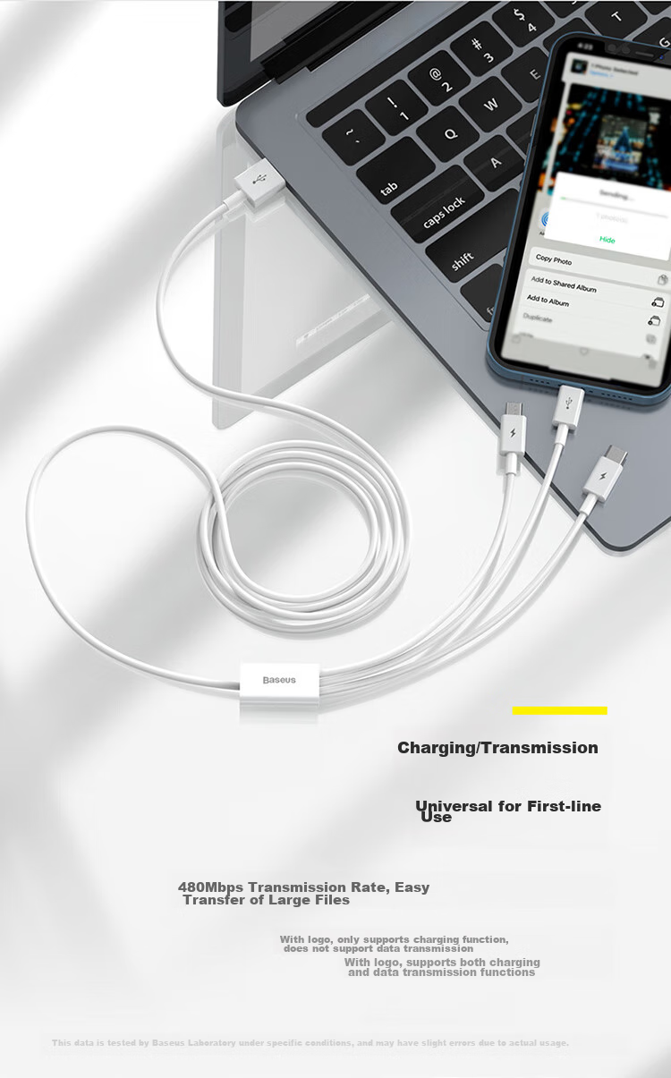 BASEUS Data Cable Three-In Type-C Apple 18 Charging Cable, One-To Compatible with IPhone 17/16/15/14/13, Xiaomi, Huawei, Car Charger Cable 11