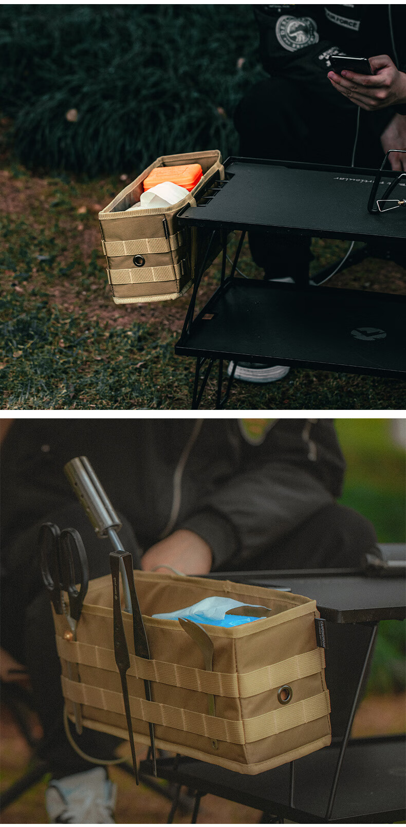 Keman Folding Table, Outdoor Camping Picnic Table, Storage Rack, Keman T-230 2 Black Tables + 1 Pack 9