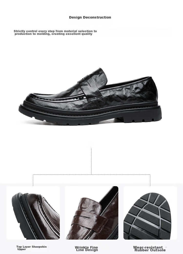 CARTELO Top-Grain Leather Men's Slip-On Casual Shoes, Hand-Scraped Texture, Wrinkle-Resistant Men's Loafers 9680, Black, Size 38 9