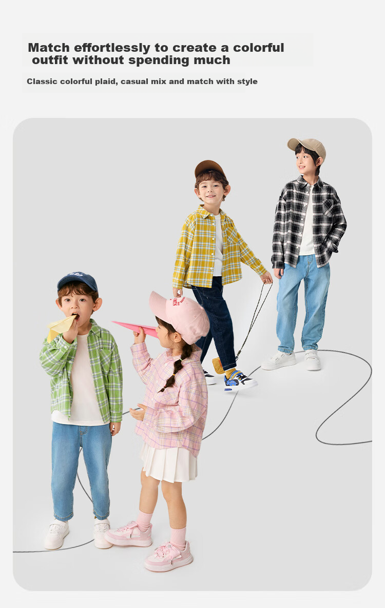 BALABALA Children's Clothing, Boys And Girls Spring And Autumn Shirt, Turn-Down Collar Plaid Shirt, Parent-Child Preppy Style Top, Trendy 3