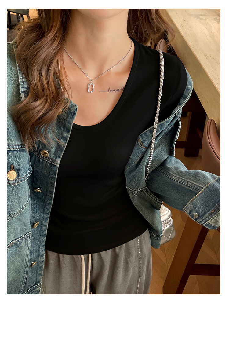Zhuomuniao Autumn And Winter New Women's Long-Sleeve T-Shirt, Thick Fleece, Small U-Neck, Slim-Fit Top, Black, S 11