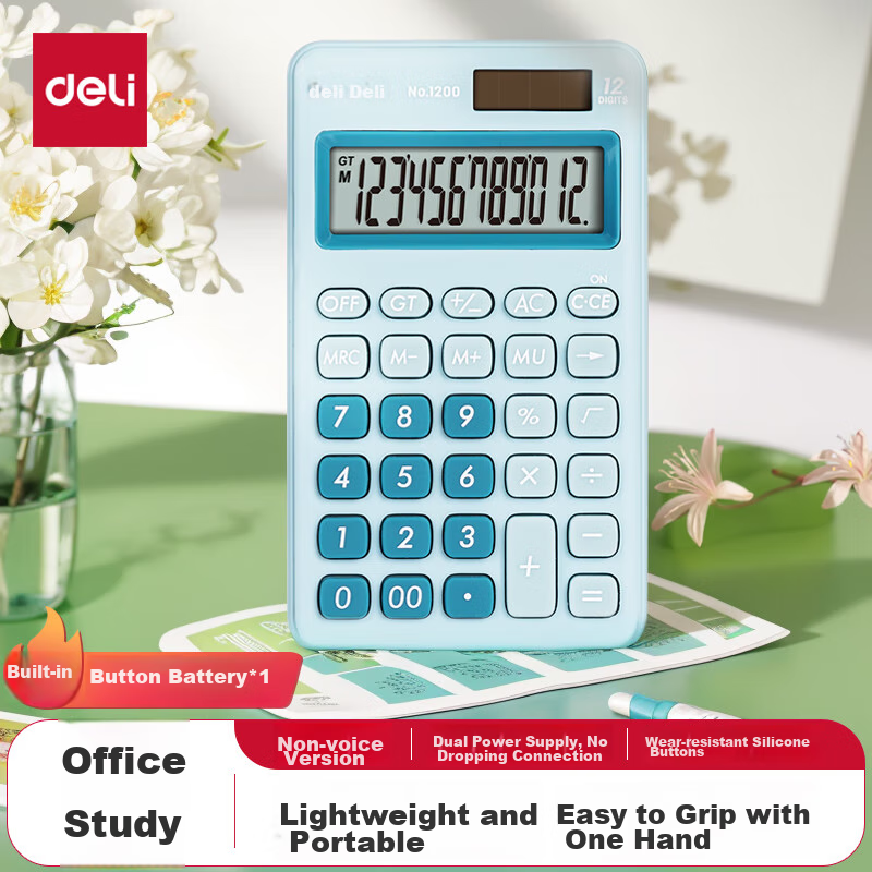 Deli Dual Power Portable Stylish Calculator, Slim Body with Silicone Buttons, Cute Desktop Calculator for Children And Students in Fourth Grade, Learning Supplies, Light Blue 1200