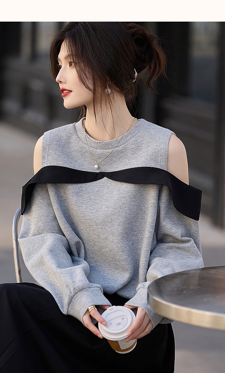 Dme [Designer Private Label] Spring And Autumn Round Neck Ruffle Contrasting Color Off-Shoulder Pique Air Layer Sweatshirt Women's Top 10