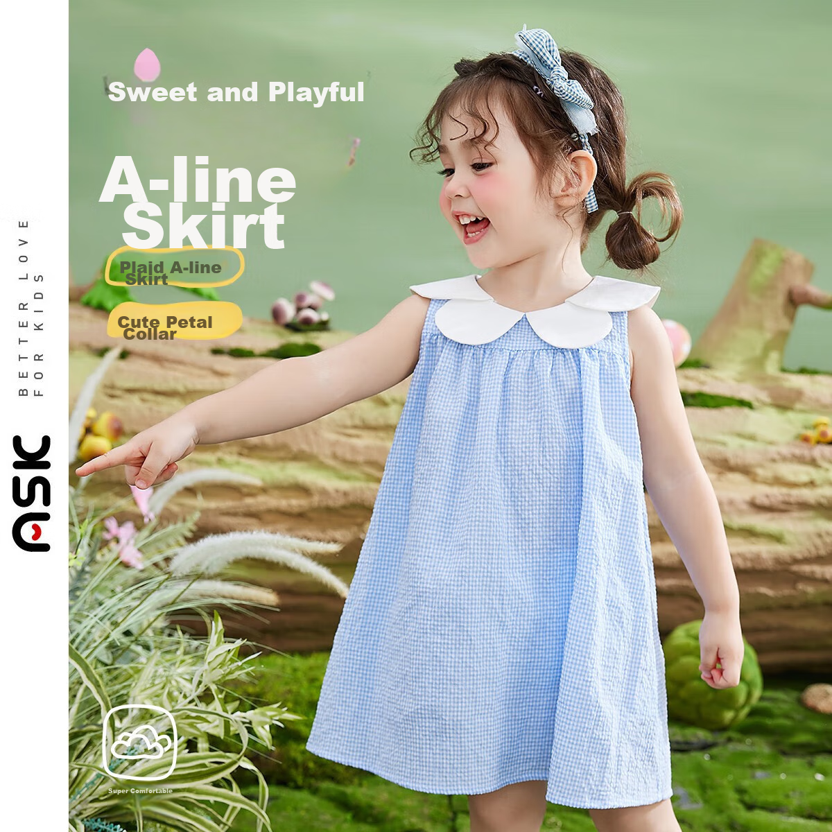 ASK JUNIOR Girls' Sleeveless Dress Summer Thin Petal Collar Plaid Casual Dress Blue Size 90