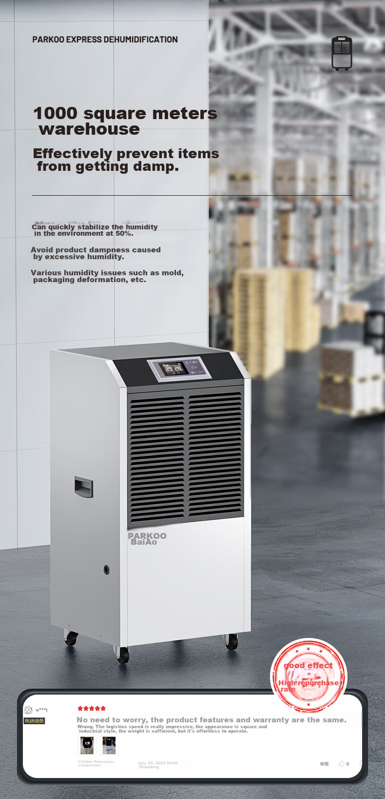 PARKOO Dehumidifier Industrial/extractor Fan, 100L High-Power, for Warehouses, Basements, Villas, Dehumidifier, 150-350 Square Meters Industrial Dehumidifier, BA-1380AE 5