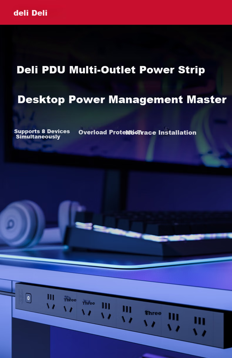Deli PDU Desktop Overload Protection Under-Desk Gaming Cabinet Socket/power Strip/extension Cord/strip/extension Bar, 8 Outlets with Master Switch, Total Length 1.8 Meters, Black, LU5080 1