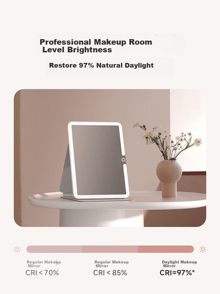 Meebordi Mirror Makeup Mirror with LED Light, Leather Student Folding Dressing Mirror, Portable Desktop Dorm Beauty Equipment, Birthday Gift, Cream White 3