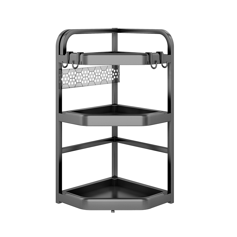 Jiuqiangu Corner Spice Rack, Kitchen Storage Shelf, Seasoning Bottle Holder with Hooks, Large Capacity Countertop Organizer Basket 6356