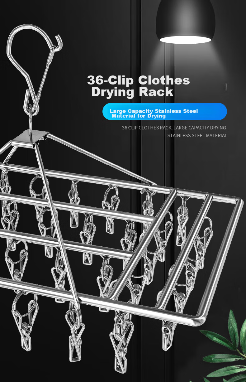 MENGTING Stainless Steel Clothes Drying Rack, 36 Clips for Socks, Windproof Rotatable Thickened Frame 1