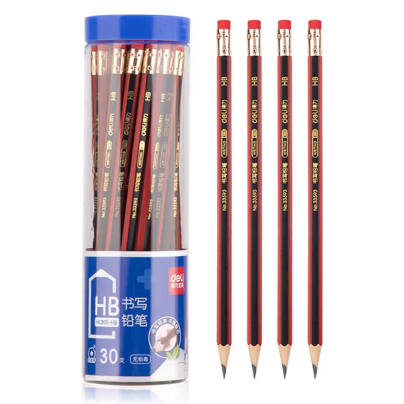 Deli 30 HB Writing Pencils, Red And Black Striped with Eraser Tip (30 Pcs/tube), Student Writing Sketching Drawing Pencils HC905-HB School Supplies for Students