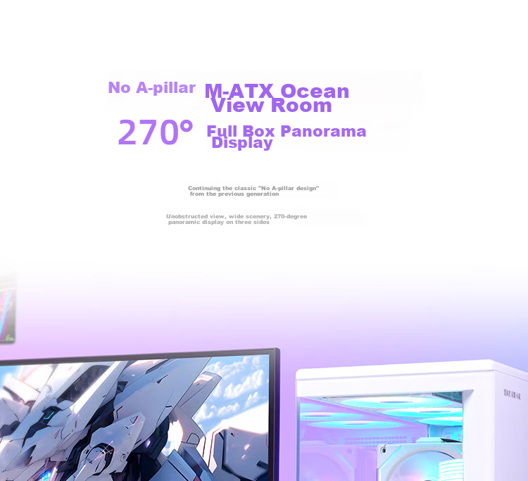 Aigo Starry Sky White ATX Gaming Desktop Computer Case with Dual 360mm Water Cooling Support, 9.6-Inch HD Screen, 270° Panoramic View, And 5090 Graphics Card 6