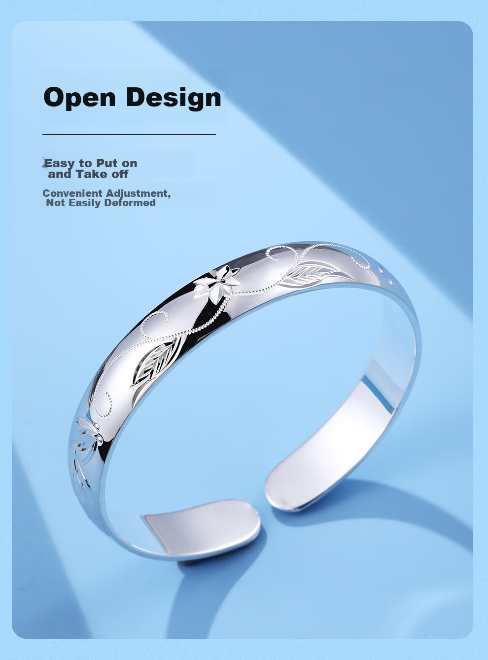 Laoyinjiang 999 Sterling Silver Bracelet with Fish Pattern, Adjustable Opening Width, Wide Surface, Silver Bangle for Women, Gift for Mom And Elderly 3