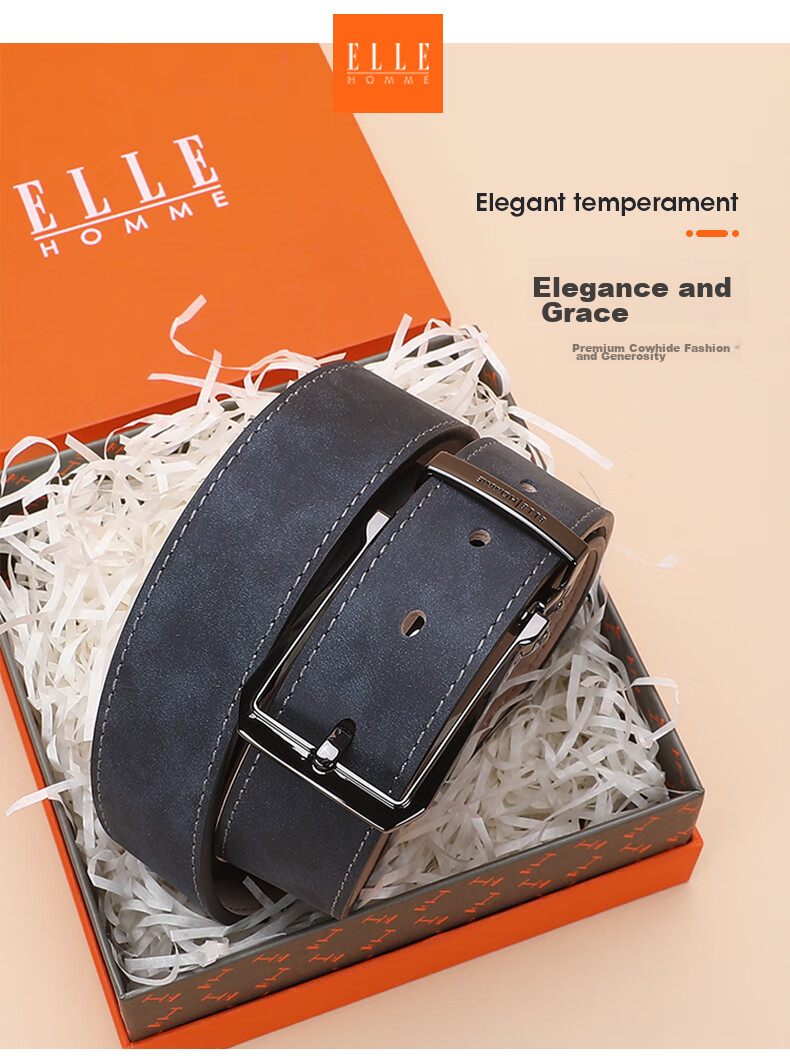 ELLE HOMME Men's Leather Belt with Pin Buckle, Top-Grain Cowhide Casual Trouser Belt for Men, Birthday Gift for Boyfriend 3