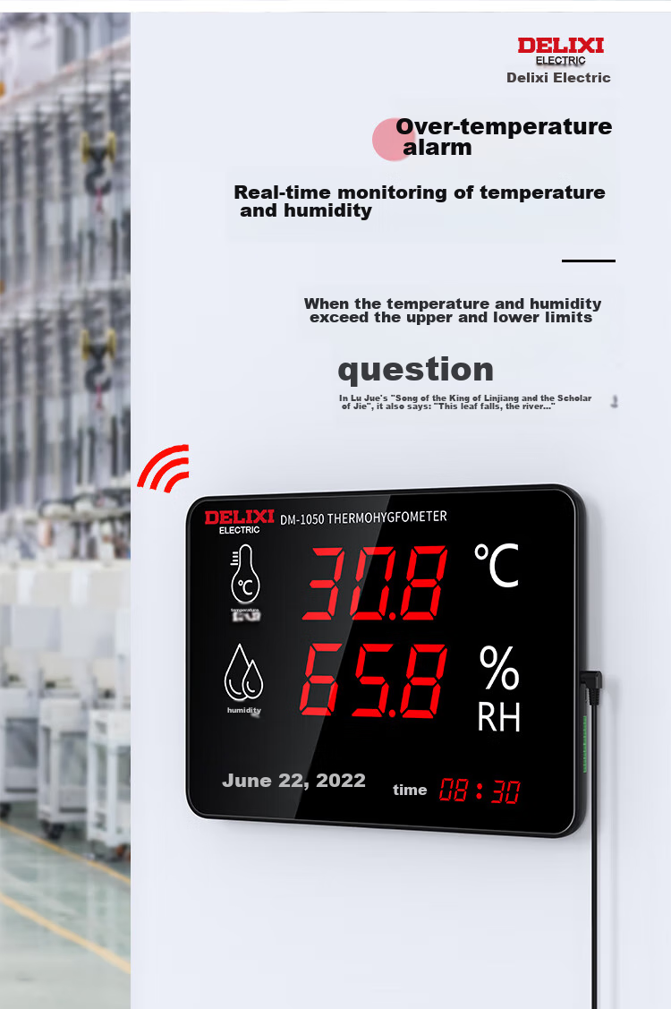 DELIXI ELECTRIC Industrial High-Precision Temperature And Humidity Meter Wall-Mounted External Probe Ultra-Warm Alarm Display Large Screen Home Use 4