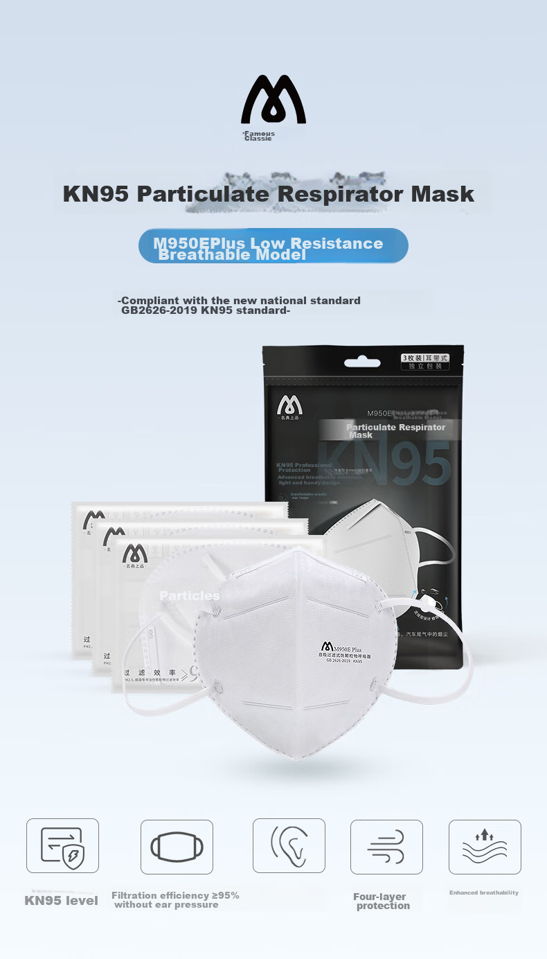 Mingdianshangpin KN95 Mask, M950E Plus, 3 Pieces/pack, Individually Wrapped, Ear-Loop Style, Four-Layer, No Breathing Valve, Protects Against Flu Viruses, Droplets, Smog, Bacteria, Wind And Dust, Odors, White 1