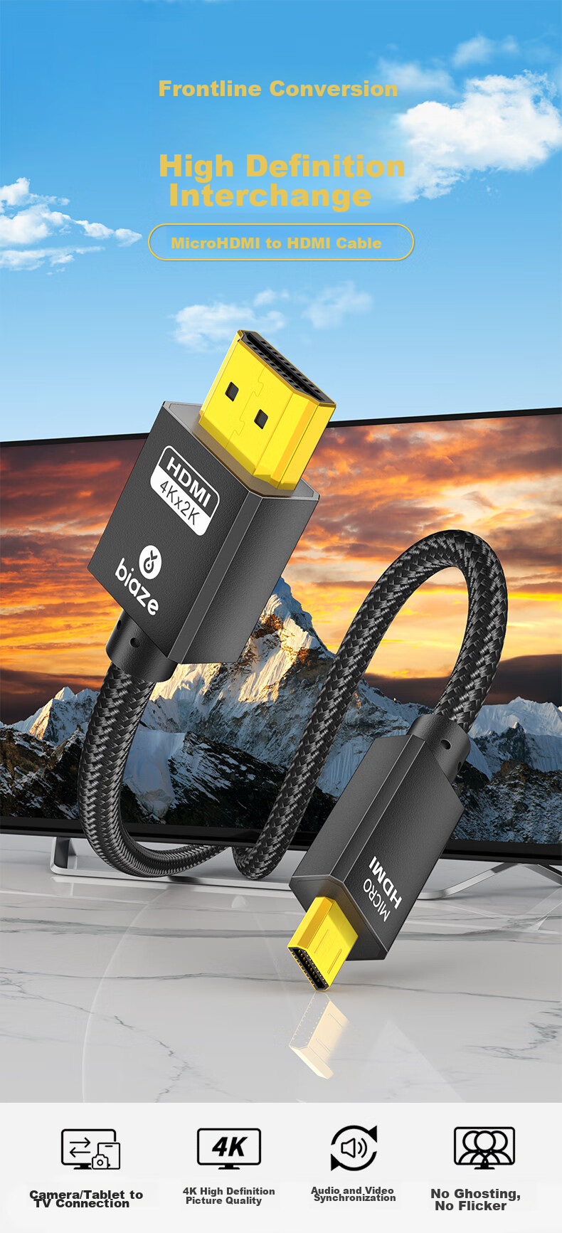 BIAZE Micro HDMI to HDMI Adapter Cable, HDMI 2.0 Version, 4K/60Hz High-Definition Conversion, for Connecting Laptops, Tablets, Cameras to Monitors, TVs, And Projectors 1