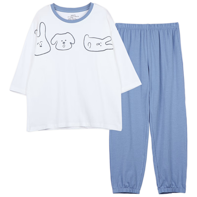 Hodo Children's Pajamas, Cotton Short-Sleeve Thin Summer Air Conditioning Wear, Boys And Girls Home Wear, Cool-Feeling Set, 3257 Mublan, Size 160