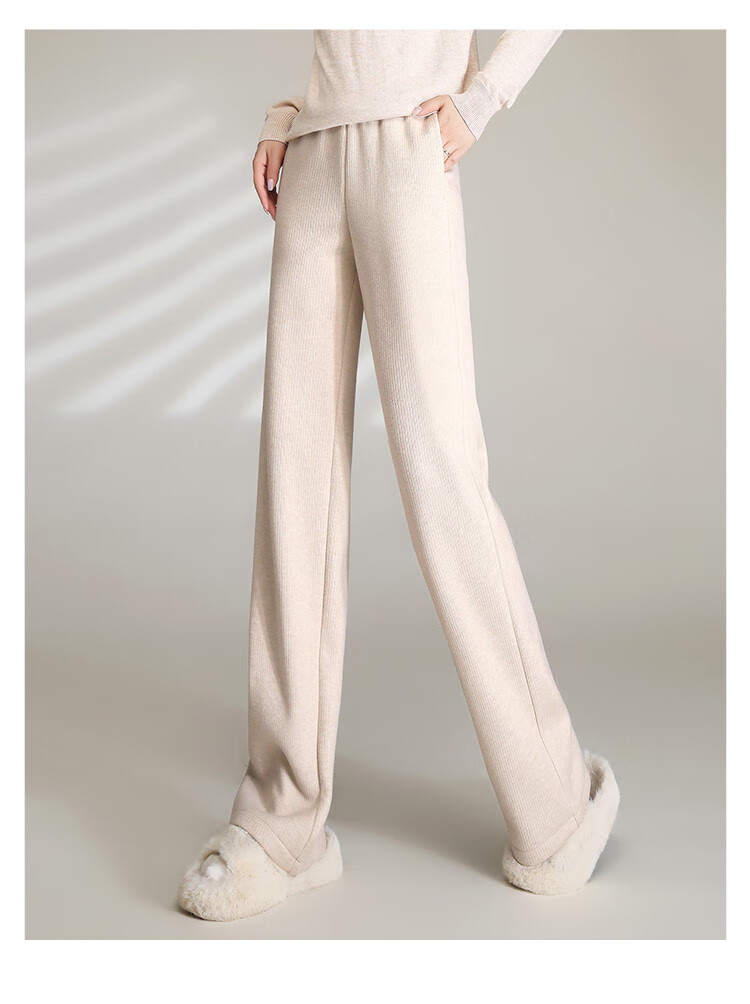 LOUISYAO Women's Winter Simple Solid Color High-Waist Fleece-Lined Thickened Straight-Leg Casual Pants Black 1 M 8