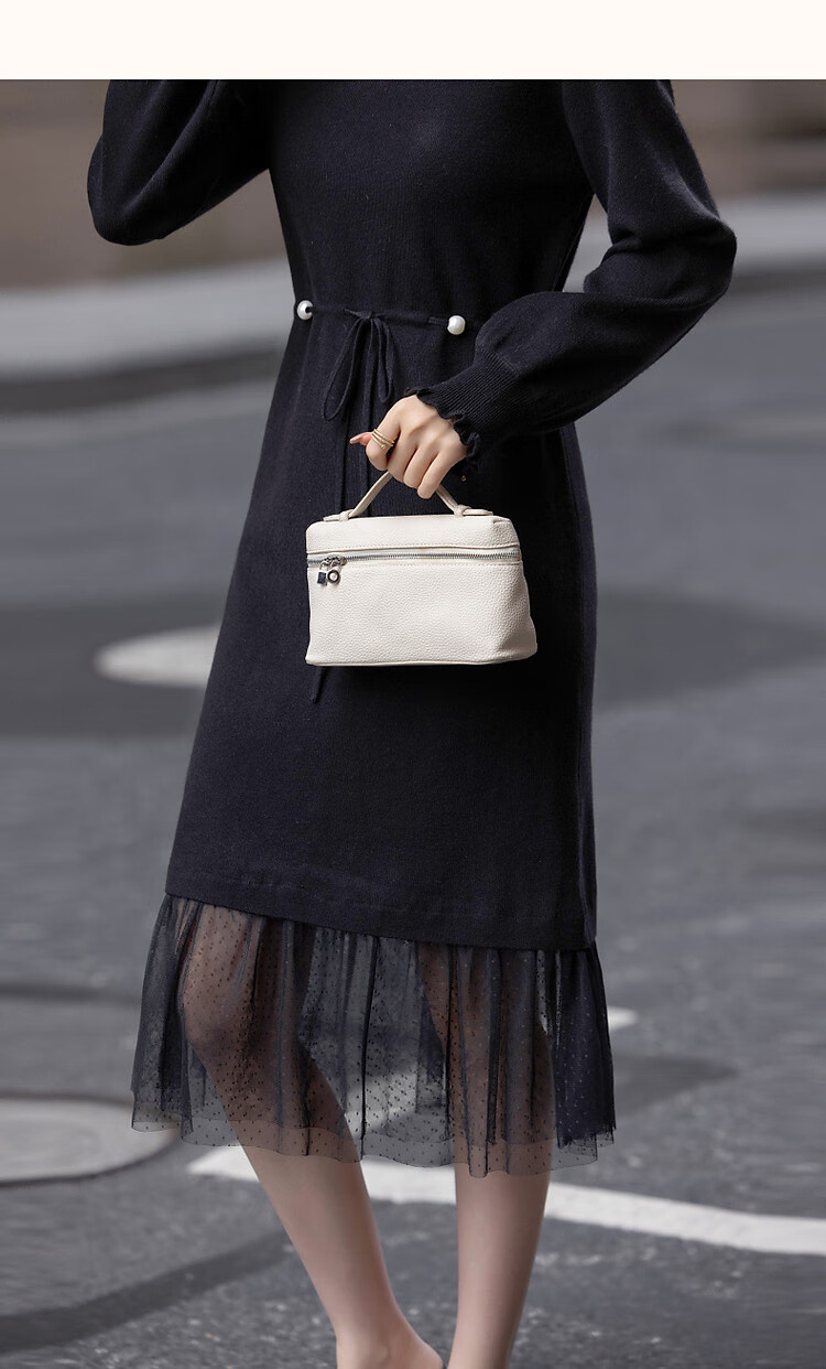Dme [Retro Sweet Lady] Spring And Autumn Gentle Style Faux Two-Piece Pearl Drawstring Mesh A-Line Dress 11