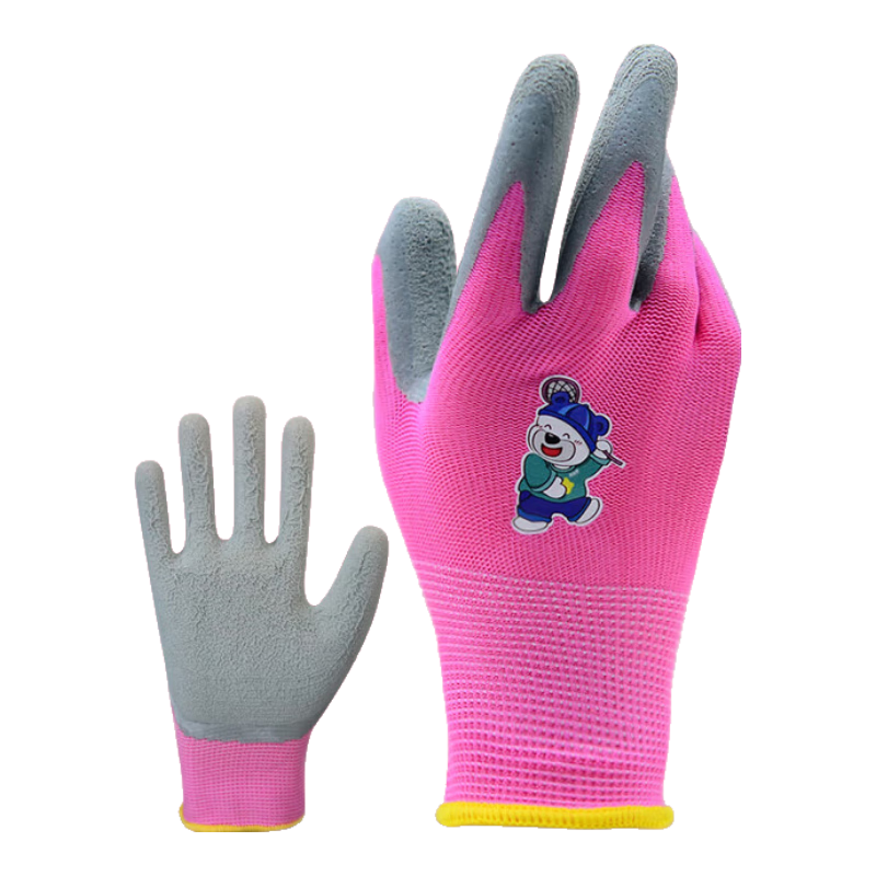 Lugong Gloves for Beach Combing, Pet Bite Protection, Cat Handling, Rubber Gardening Gloves, Size 5 Pink Bear Little Smart, Suitable for Ages 8-10
