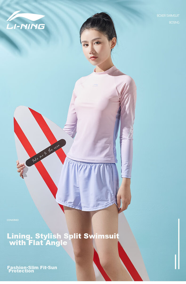 Li-Ning Women's Swimsuit, Sports Casual Two-Piece Swimwear, Fashionable Color-Block Long-Sleeve Hot Spring Resort Swimwear, 072 Blue Pink, 3XL 1