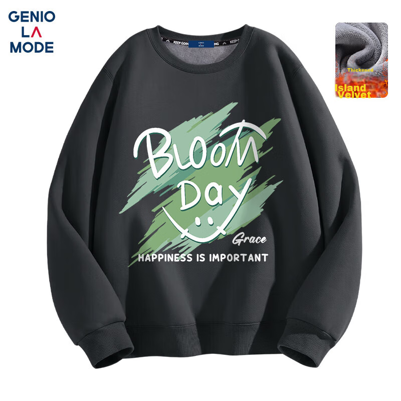 GENIOLAMODE Fleece-Lined Crew Neck Sweatshirt for Men, Autumn And Winter Heavyweight 420G Thick Long-Sleeve Top without Hood, Trendy Style, Dark Gray, 3XL