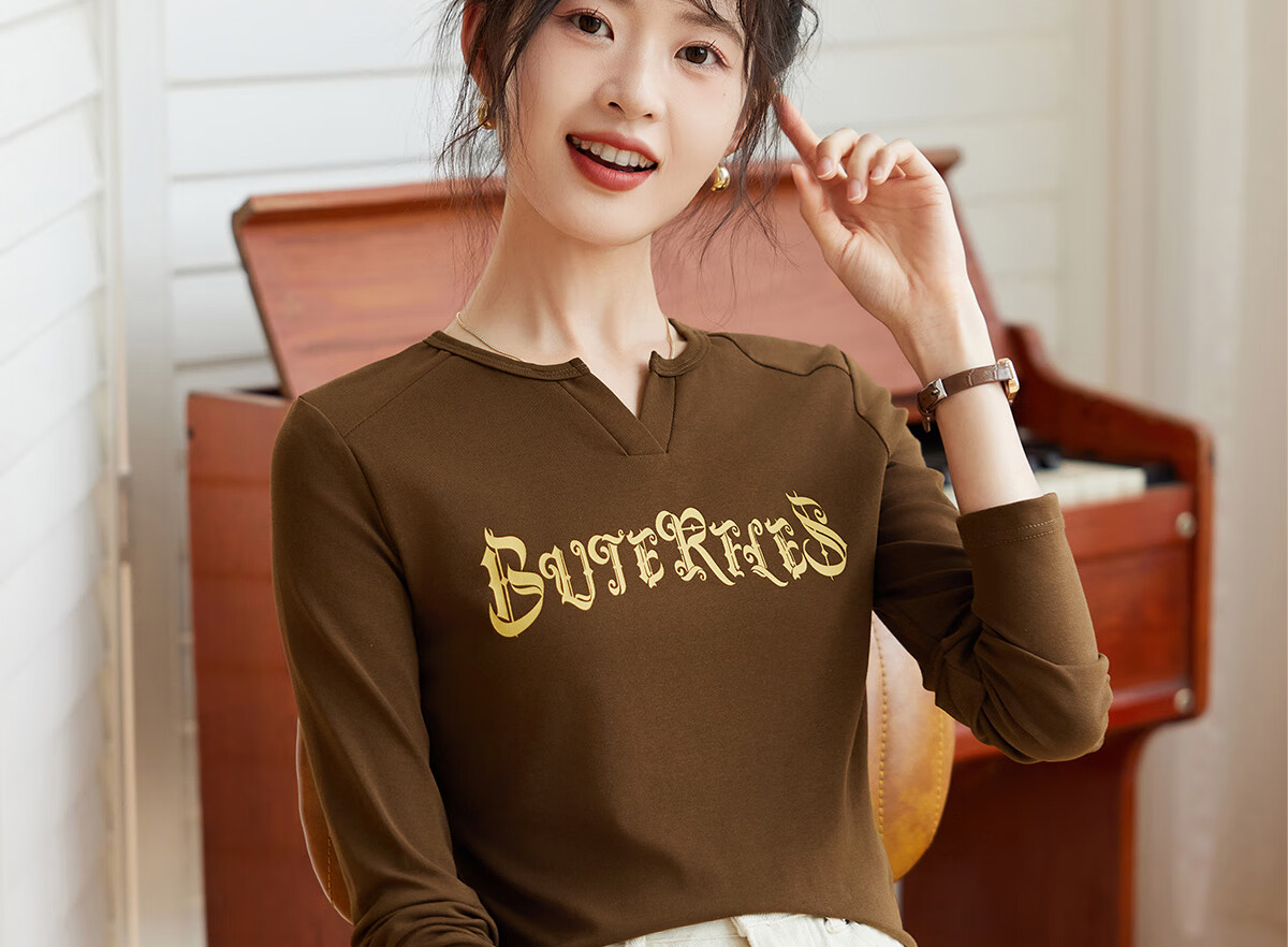 Halo Queen Long-Sleeve T-Shirt for Women, Wilderness Maillard Style Spring And Autumn Raglan Sleeve Rabbit Base Shirt Casual New Product H143T2017 23