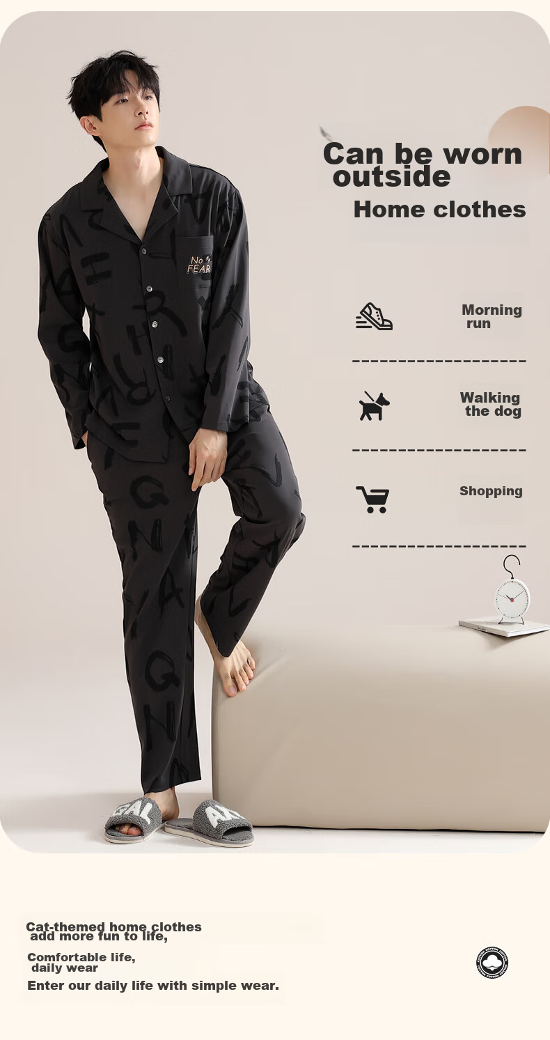 MiiOW [100% Pure Cotton] Men's Pajamas, Spring And Autumn Long-Sleeve, 10A Antibacterial, Anti-Mite, Sweat-Absorbing, Breathable Home Wear Set 6