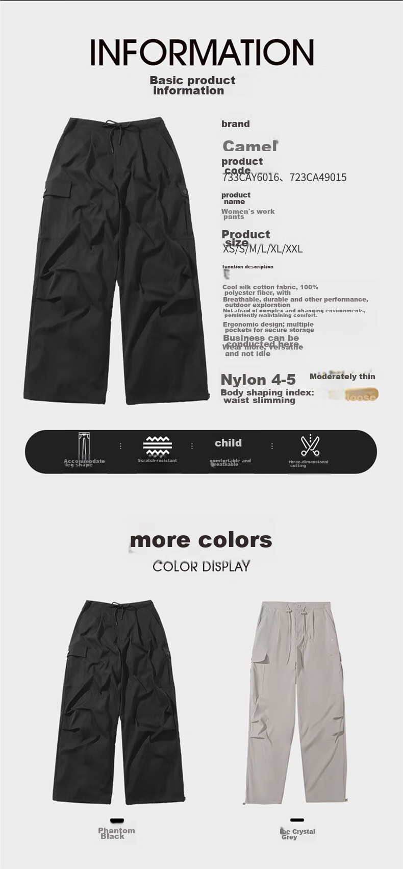 CAMEL Functional Cargo Parachute Pants, Unisex Drawstring Wide-Leg Trousers, 733CAYL6016C, Charcoal Gray, Size S 6