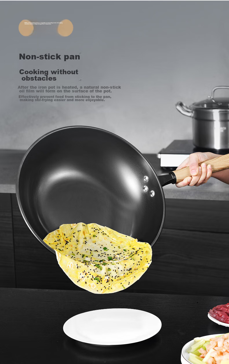 KOBACH Iron Wok, Uncoated Frying Pan, Pure Iron Cooking Pan, Compatible with Induction And Gas Stoves, Cookware, 32cm 5